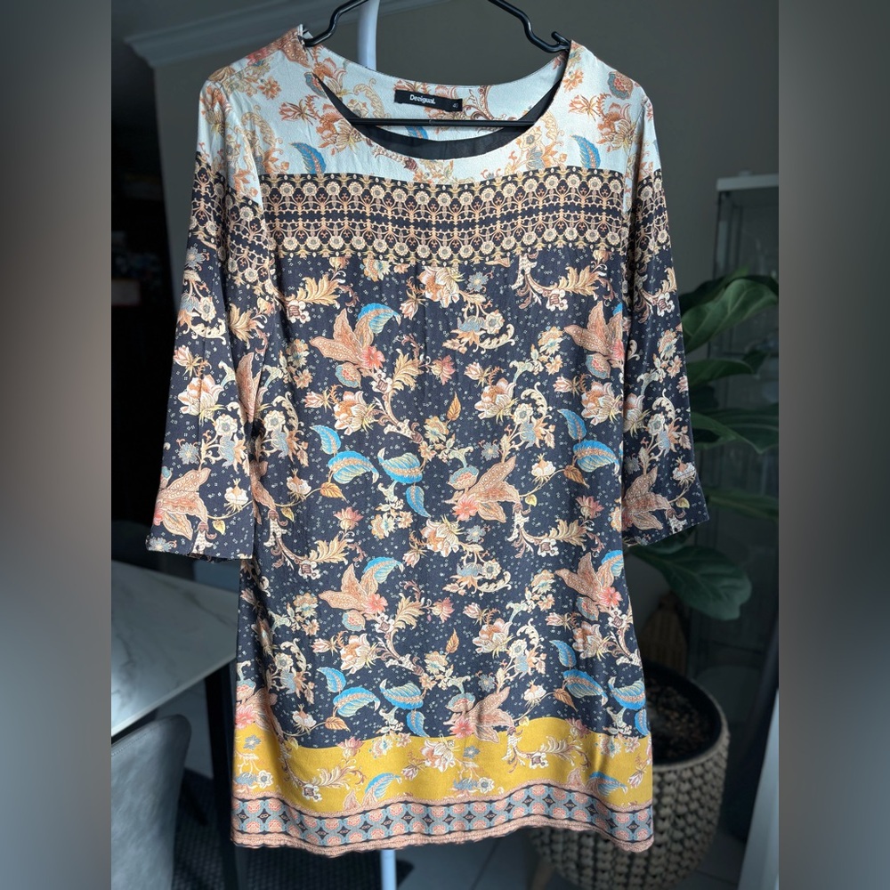 Desigual Floral Print Shift Dress in Black and Mustard Sz S - Picture 3 of 10